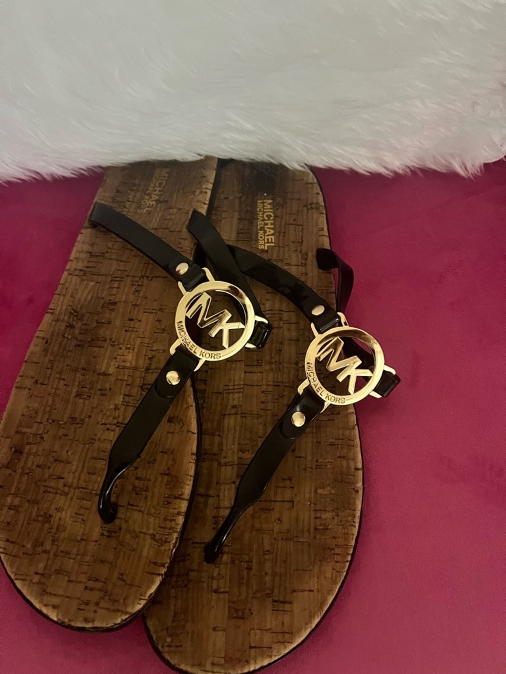Michael Kors Black and Gold Logo Thong Sandals